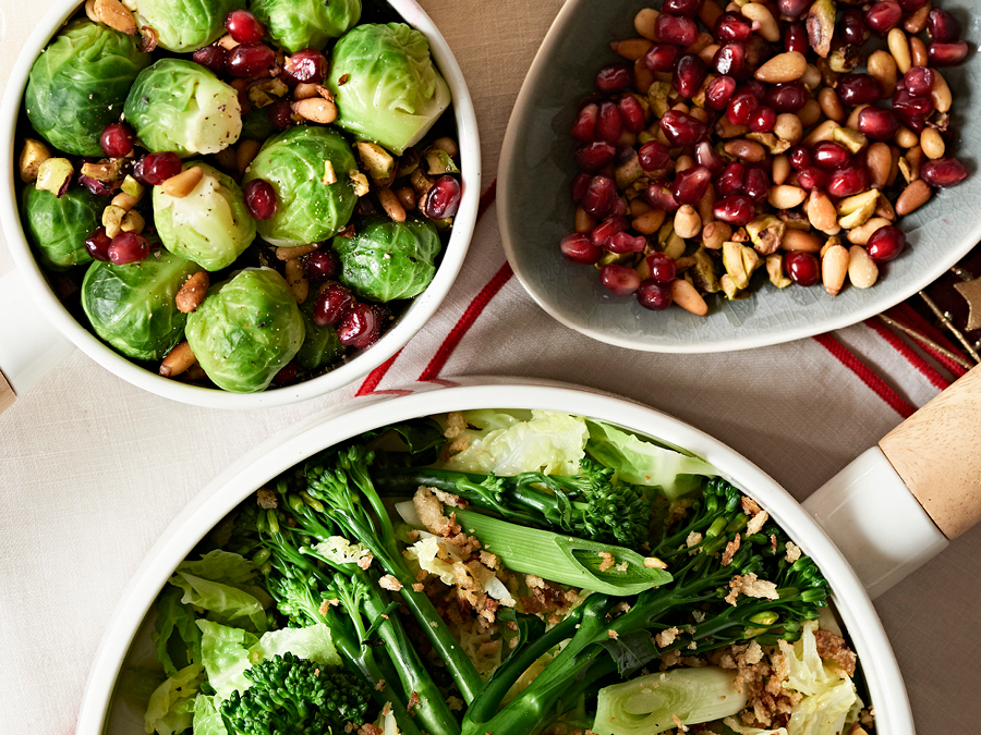 Brussels sprouts savoy cabbage and broccoli with pomegranate salad