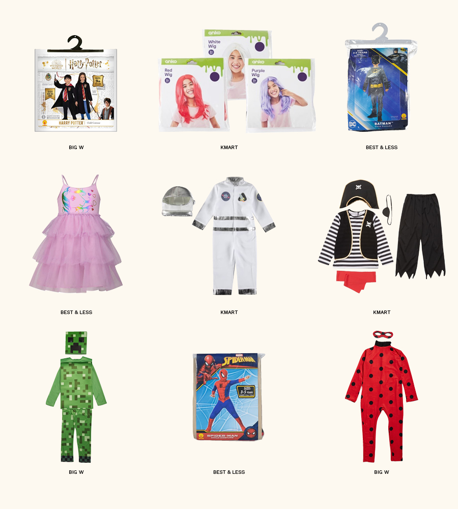 An assortment of kids Halloween costumes and accessories including an astronaut outfit, pirate outfit and various wigs.