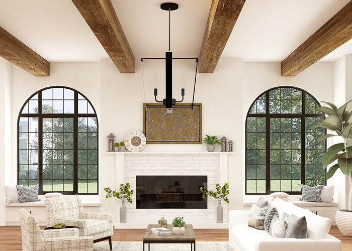 Living room with statement arched windows and black metal light feature