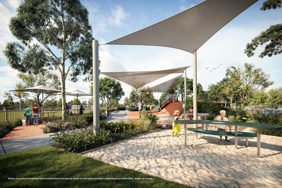 Artist's Impression of Livvi's Place Playground. Image of play equipment with benches, shade protection and sand pit.