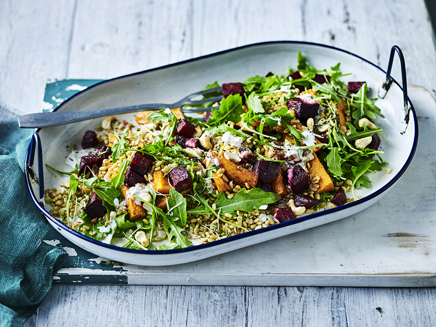 Roast pumpkin and beetroot salad in a serving dish.