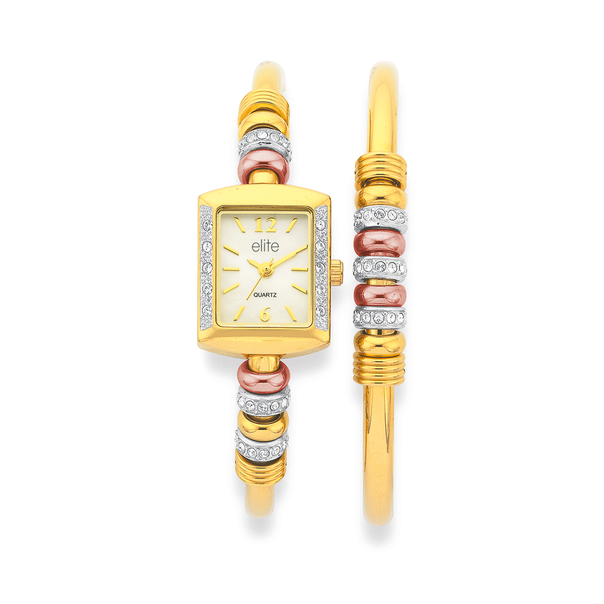 elite ladies gold tone watch