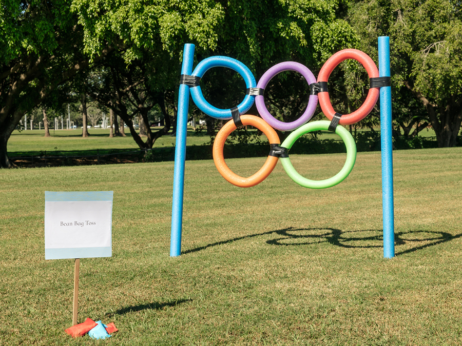 Various coloured pool noodles used to create rings to throw small bean bags through for backyard games.