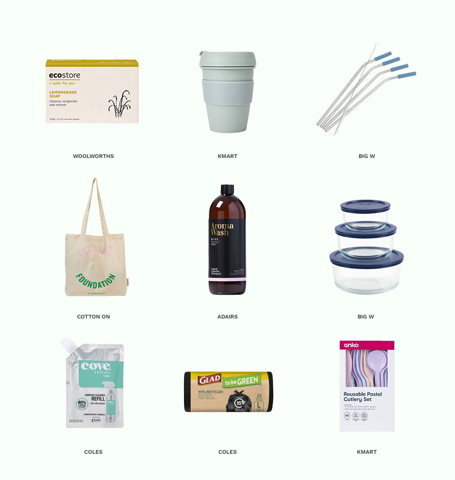 Various eco-friendly home products such as reusable coffee cups and straws, green bin liners, and reusable shopping bags. 